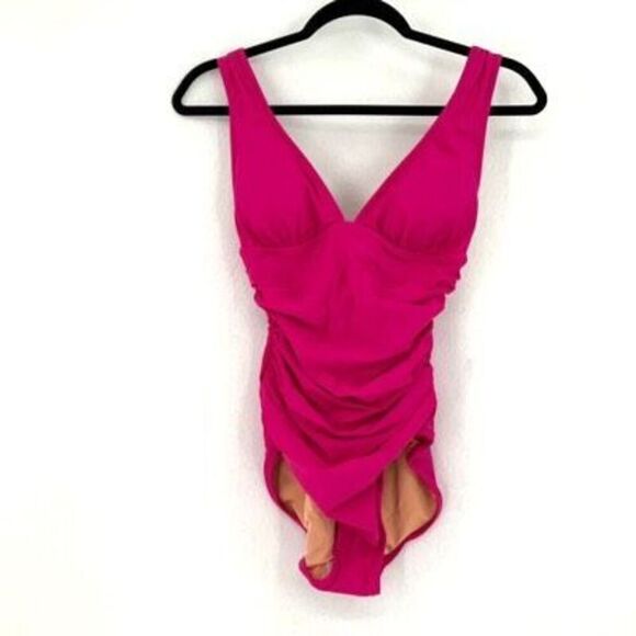 J. Crew Ruched V-Neck One-Piece Bathing Suit In Radiant Fuchsia Size 6 - Picture 2 of 5